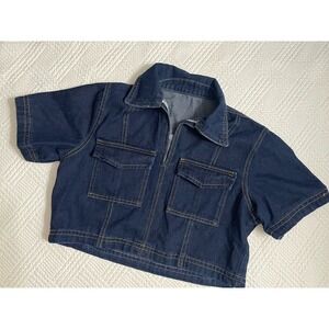 Y2K Denim Crop Shirt Women's Small V-Neck SS Fitted Contrast Stitching Pockets